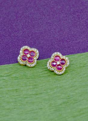superb flower design pink stone brass gold plated stud earring for women and girls 2