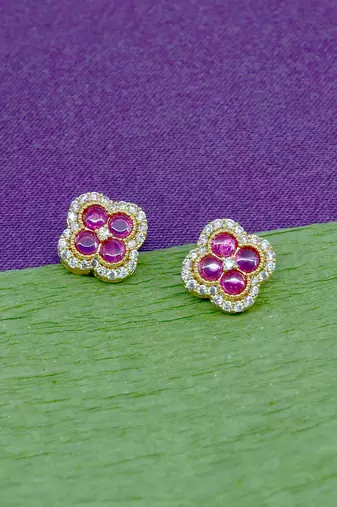 superb flower design pink stone brass gold plated stud earring for women and girls