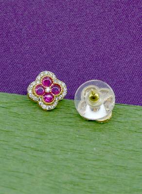 superb flower design pink stone brass gold plated stud earring for women and girls 3