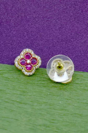 superb flower design pink stone brass gold plated stud earring for women and girls