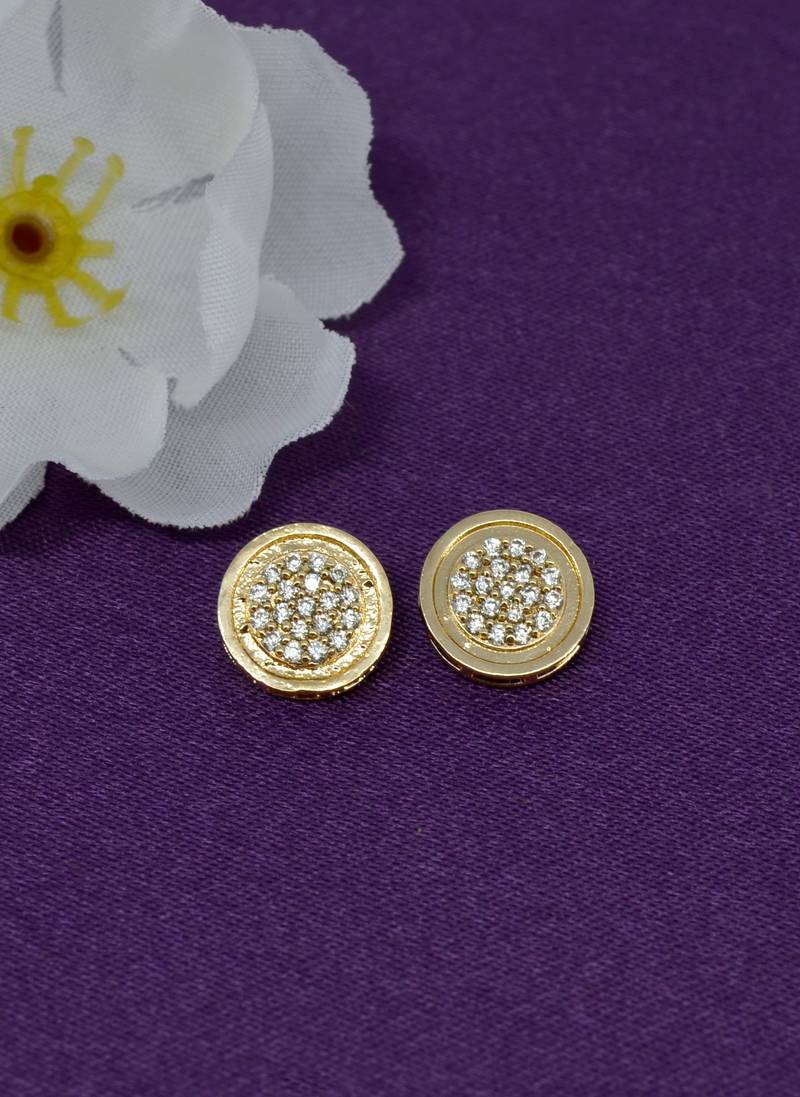 pleasing round shape cz studded brass gold plated stud earring for women and girls