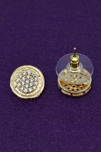 pleasing round shape cz studded brass gold plated stud earring for women and girls