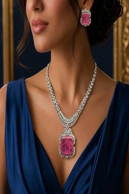 art deco pink tourmaline emerald cut statement necklace earrings set | platinum plated bridal jewellery 1