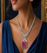 art deco pink tourmaline emerald cut statement necklace earrings set | platinum plated bridal jewellery