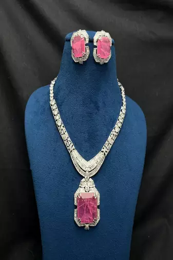 art deco pink tourmaline emerald cut statement necklace earrings set | platinum plated bridal jewellery