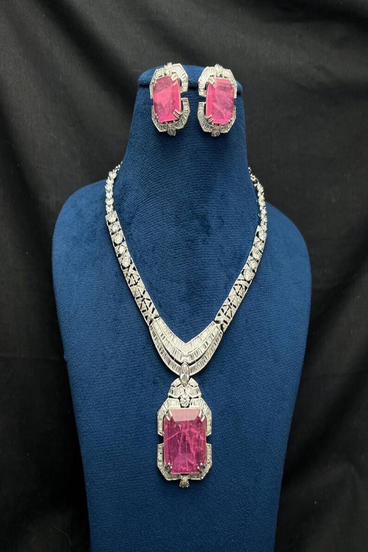 art deco pink tourmaline emerald cut statement necklace earrings set | platinum plated bridal jewellery