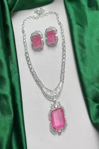 art deco pink tourmaline emerald cut statement necklace earrings set | platinum plated bridal jewellery