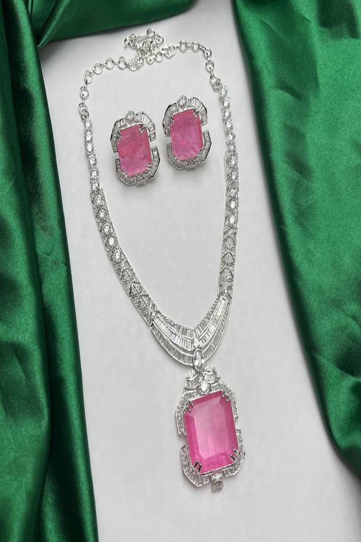 art deco pink tourmaline emerald cut statement necklace earrings set | platinum plated bridal jewellery