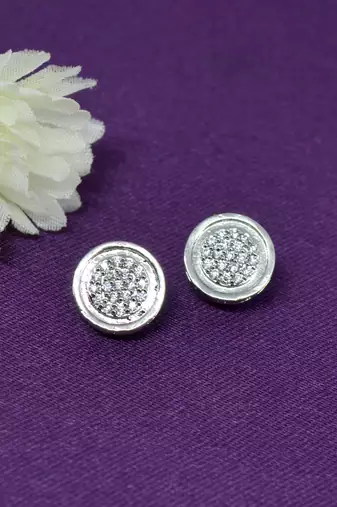 fine round shape cz studded brass silver plated stud earring for women and girls