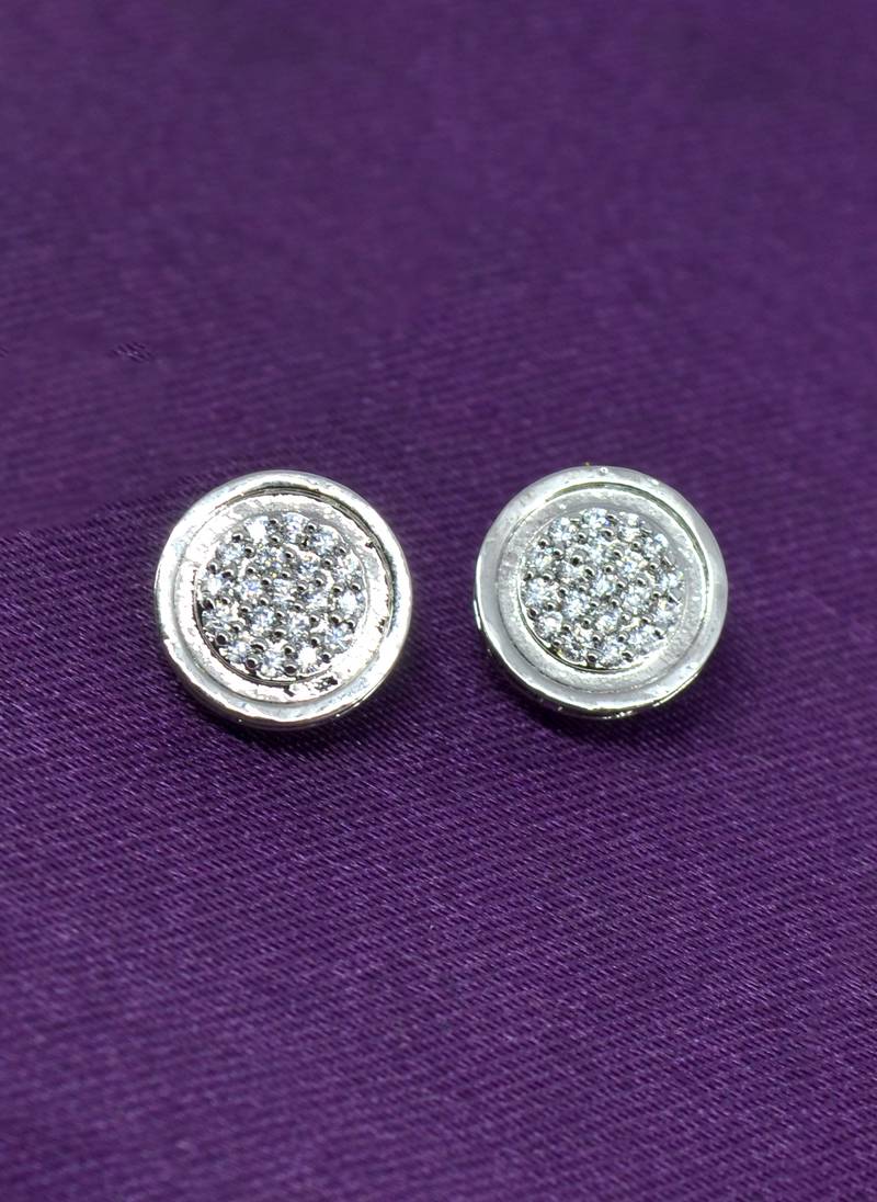 fine round shape cz studded brass silver plated stud earring for women and girls