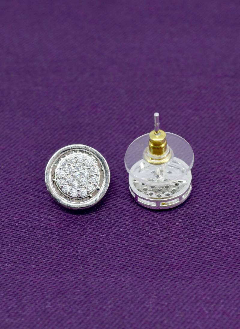 fine round shape cz studded brass silver plated stud earring for women and girls