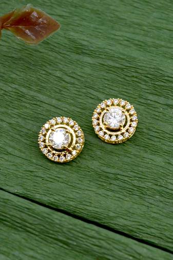 finely round shape center stone brass gold plated stud earring for women and girls