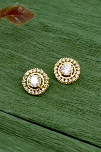 finely round shape center stone brass gold plated stud earring for women and girls