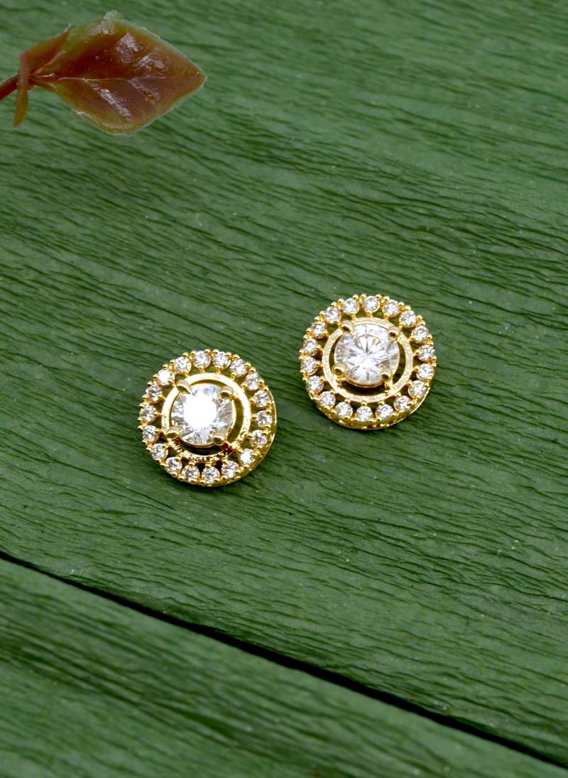 finely round shape center stone brass gold plated stud earring for women and girls