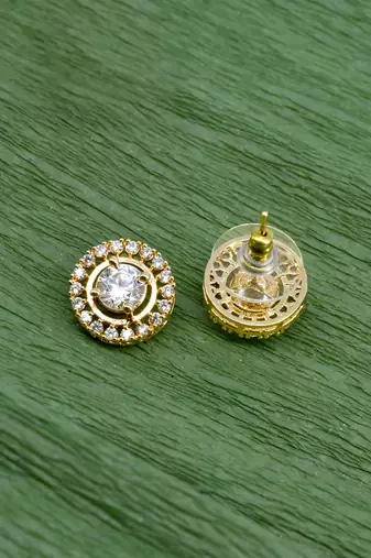 finely round shape center stone brass gold plated stud earring for women and girls