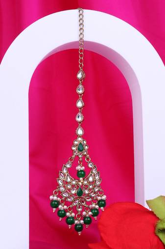 Traditional chandiler and flower shape silver gold plated brass set of 2 combo maang tikka for women