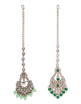 Traditional chandiler and flower shape silver gold plated brass set of 2 combo maang tikka for women 2