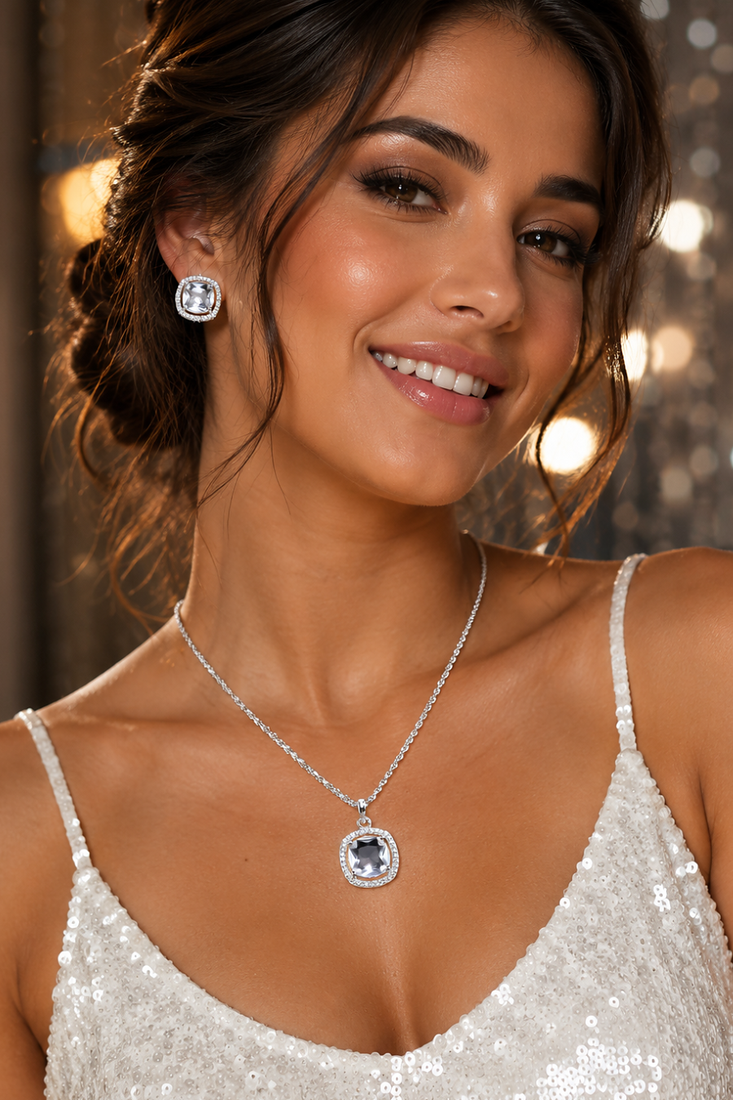Rhodium finish crown radiance necklace set