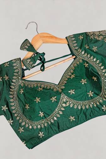 Green color women's beautiful silk blend embroidered ready made blouse full stitched.