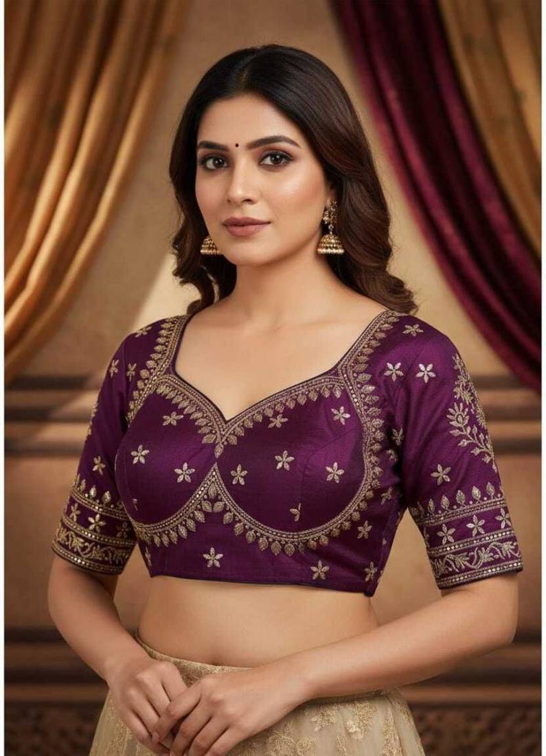 Purple women's silk blend embroidered readymade blouse