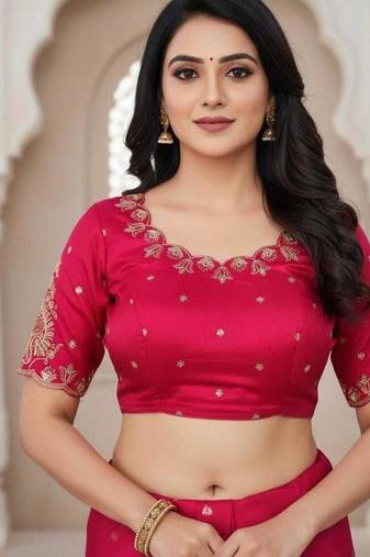 Pink color women's beautiful silk blend embroidered ready made blouse full stitched.