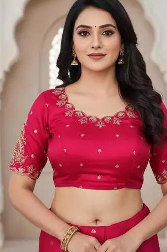 Pink color women's beautiful silk blend embroidered ready made blouse full stitched.