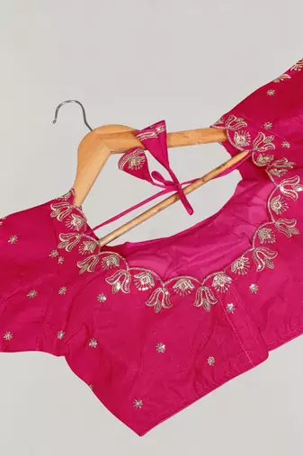 Pink color women's beautiful silk blend embroidered ready made blouse full stitched.