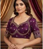 Purple color women's beautiful silk blend embroidered ready made blouse full stitched.