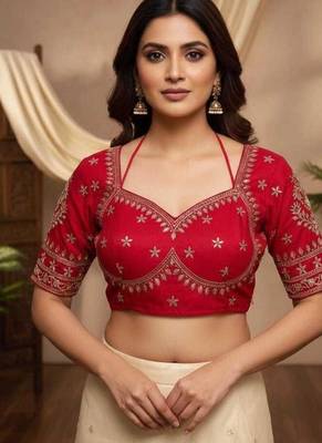 Red women's silk blend embroidered readymade blouse 1