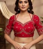 Red women's silk blend embroidered readymade blouse