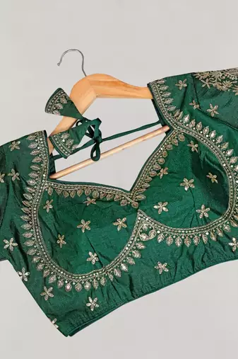 Green color women's beautiful silk blend embroidered ready made blouse full stitched.