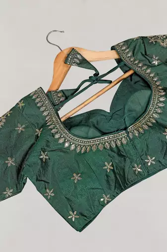Green color women's beautiful silk blend embroidered ready made blouse full stitched.