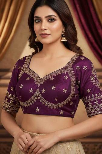 Purple women's silk blend embroidered readymade blouse