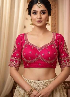 Pink women's silk blend embroidered readymade blouse 1