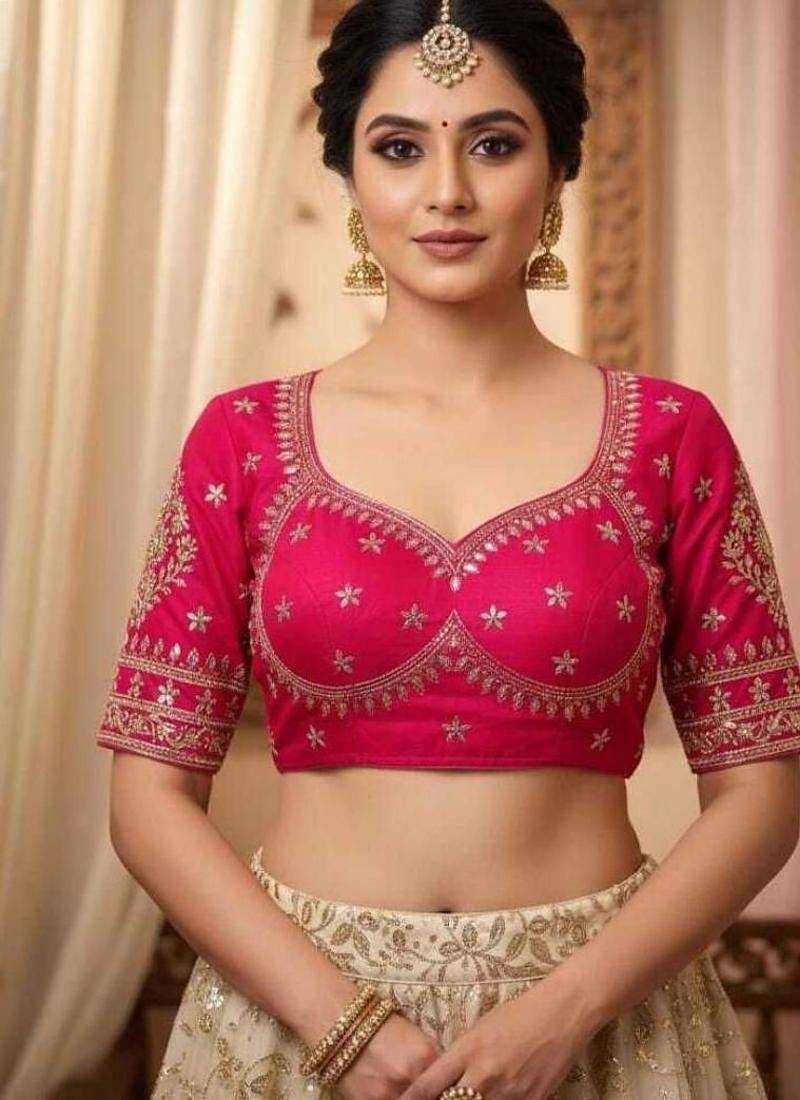 Pink women's silk blend embroidered readymade blouse