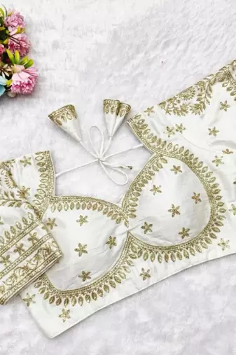 White women's silk blend embroidered readymade blouse