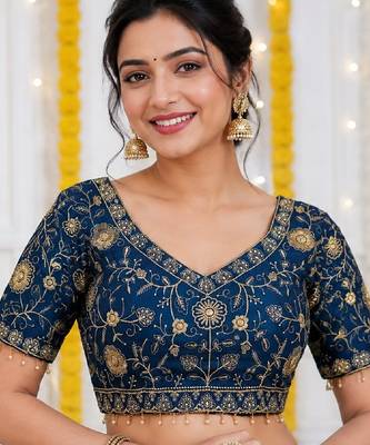 Blue color star georgette embroidered work with fancy lace work readymade blouse full stitched. 1