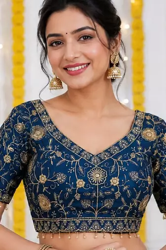 Blue color star georgette embroidered work with fancy lace work readymade blouse full stitched.