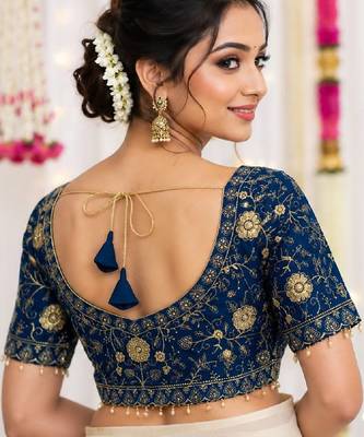 Blue color star georgette embroidered work with fancy lace work readymade blouse full stitched. 2