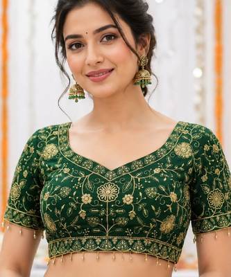 Green georgette embroidered work with fancy lace work readymade blouse 1