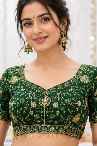 Green georgette embroidered work with fancy lace work readymade blouse