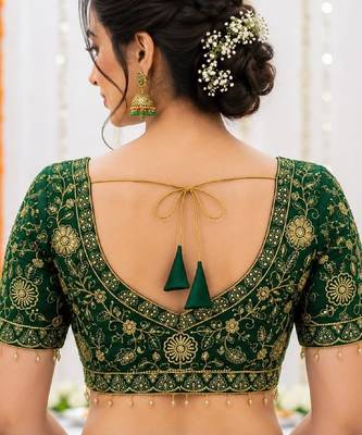 Green georgette embroidered work with fancy lace work readymade blouse 2