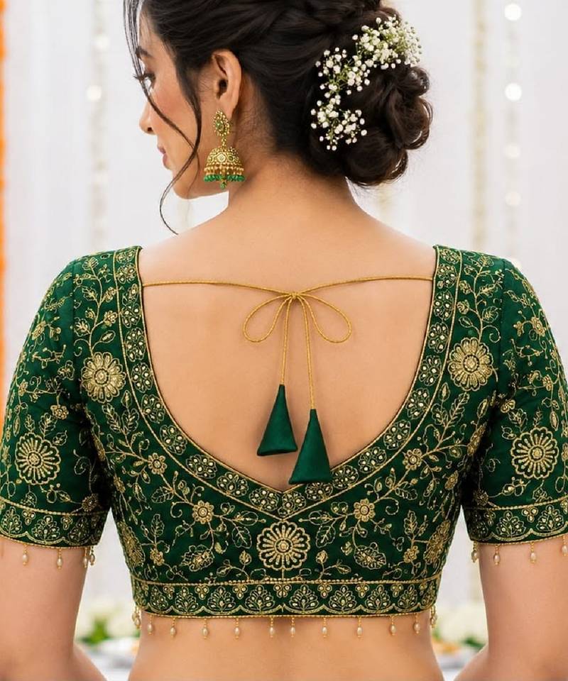 Green georgette embroidered work with fancy lace work readymade blouse
