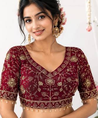 Maroon georgette embroidered work with fancy lace work readymade blouse 1