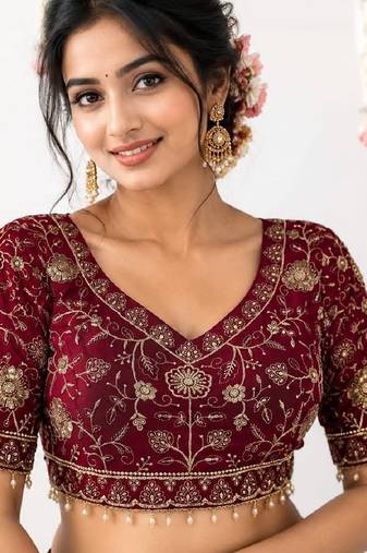 Maroon georgette embroidered work with fancy lace work readymade blouse