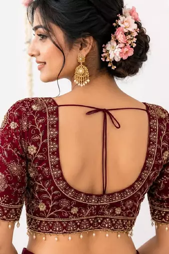 Maroon georgette embroidered work with fancy lace work readymade blouse
