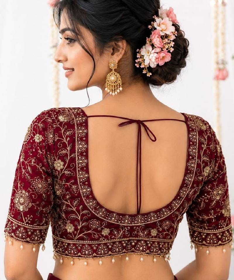 Maroon georgette embroidered work with fancy lace work readymade blouse