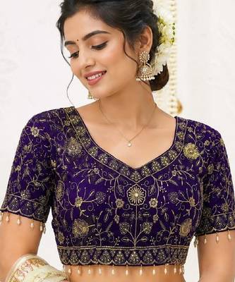 Navy georgette embroidered work with fancy lace work readymade blouse 1