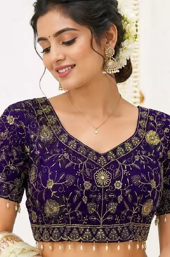 Navy georgette embroidered work with fancy lace work readymade blouse