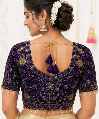 Navy georgette embroidered work with fancy lace work readymade blouse 2